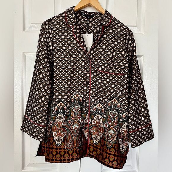 Zara Top Satin Blouse Geometric Print Shirt Size S • NEW WITH TAGS • - Picture 3 of 10